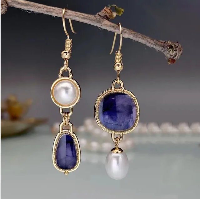 Silvia™ - Vintage Pearl and Blue Stone Earrings