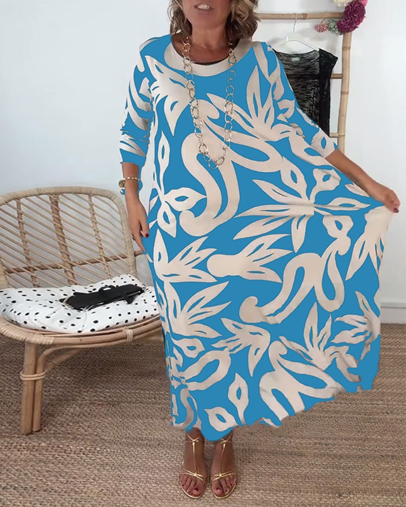 Élégance Amandine™ – Printed round neck dress with long sleeves