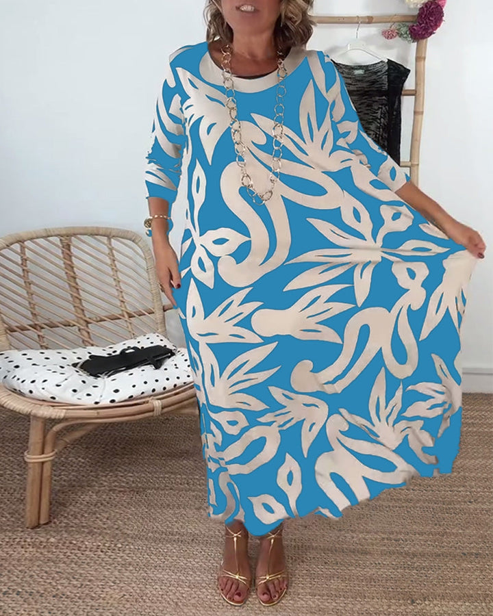 Élégance Amandine™ – Printed round neck dress with long sleeves