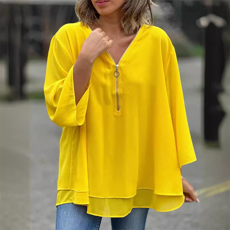 Heidi™ | V-Neck Flowy Zipped Top