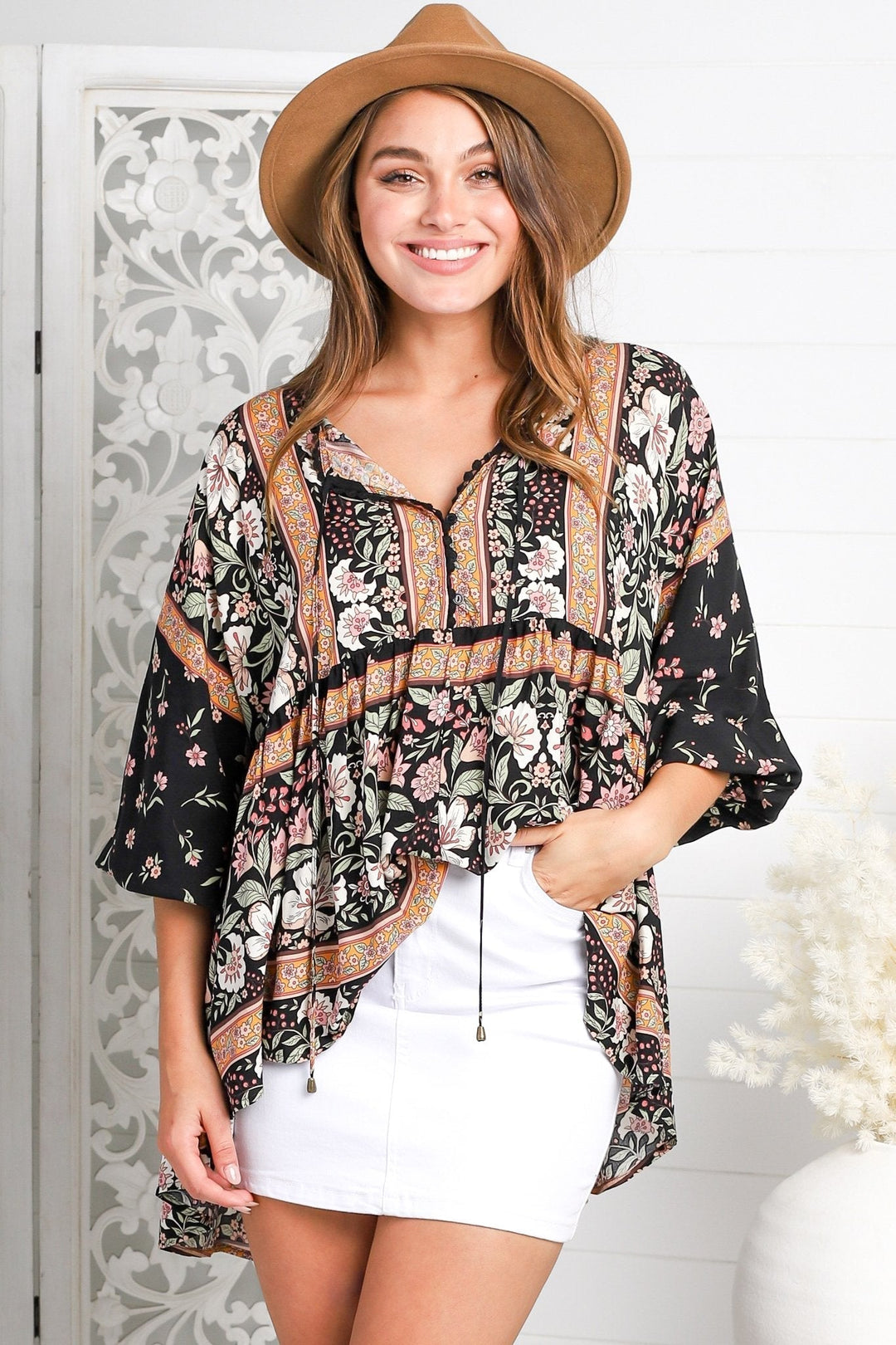 JAASE - Chloe Top: Very Oversized Crochet Trim Neckline Smock Top in Eternity Print