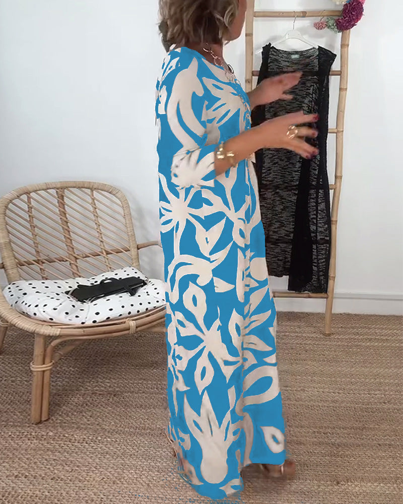 Élégance Amandine™ – Printed round neck dress with long sleeves