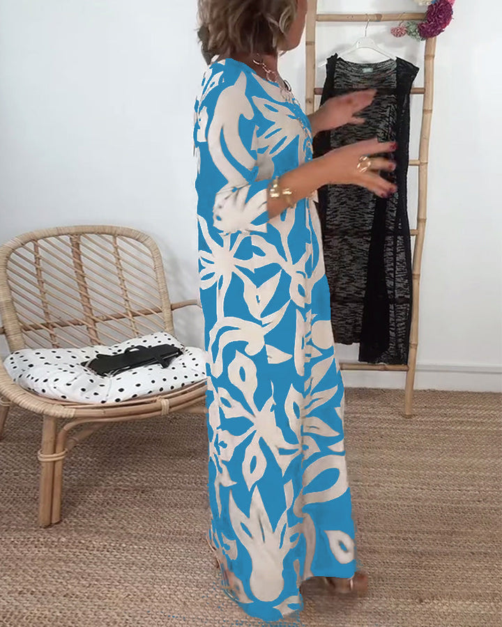 Élégance Amandine™ – Printed round neck dress with long sleeves
