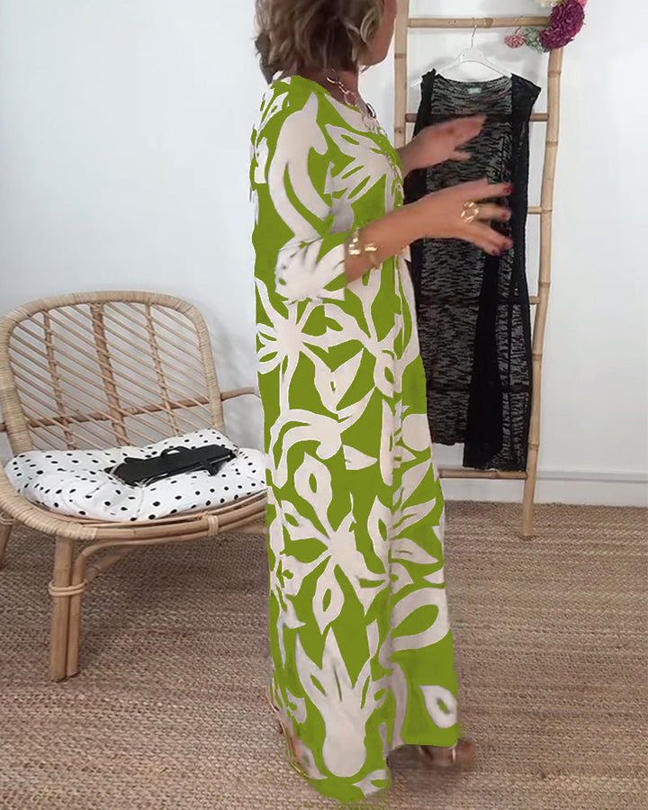 Élégance Amandine™ – Printed round neck dress with long sleeves