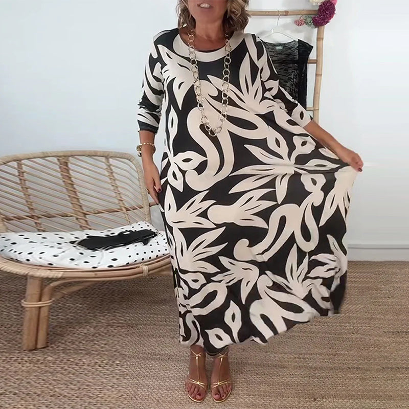 Élégance Amandine™ – Printed round neck dress with long sleeves