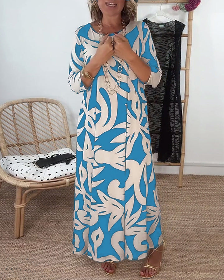 Élégance Amandine™ – Printed round neck dress with long sleeves