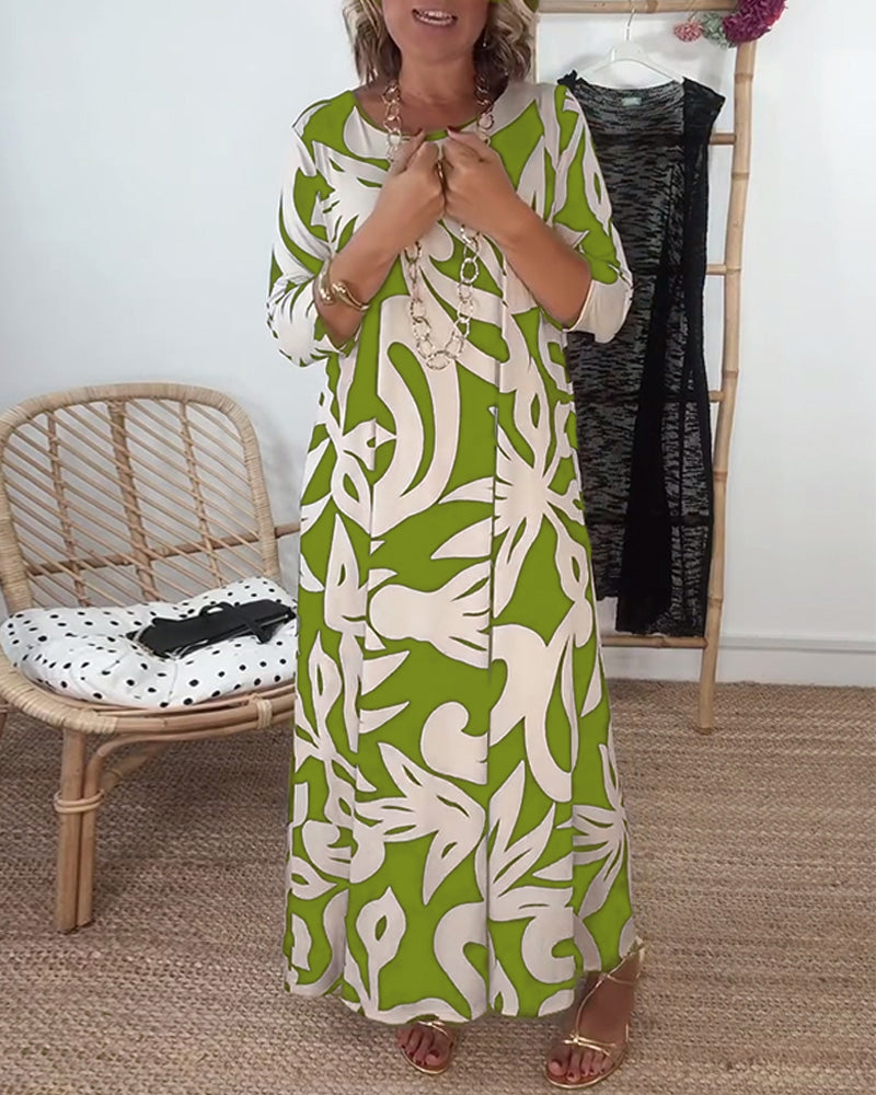 Élégance Amandine™ – Printed round neck dress with long sleeves