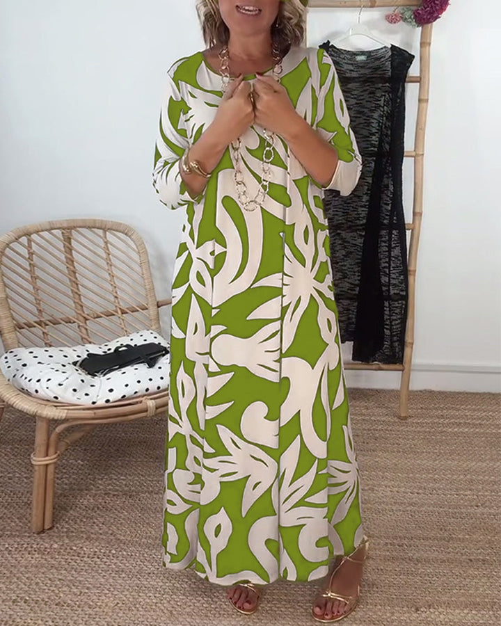 Élégance Amandine™ – Printed round neck dress with long sleeves