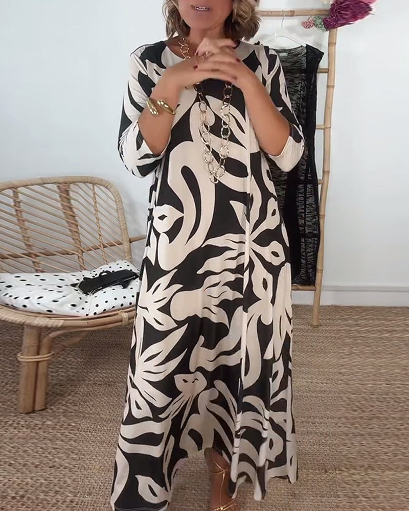Élégance Amandine™ – Printed round neck dress with long sleeves