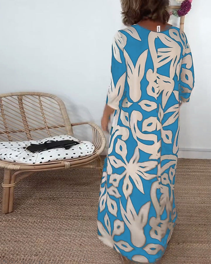 Élégance Amandine™ – Printed round neck dress with long sleeves