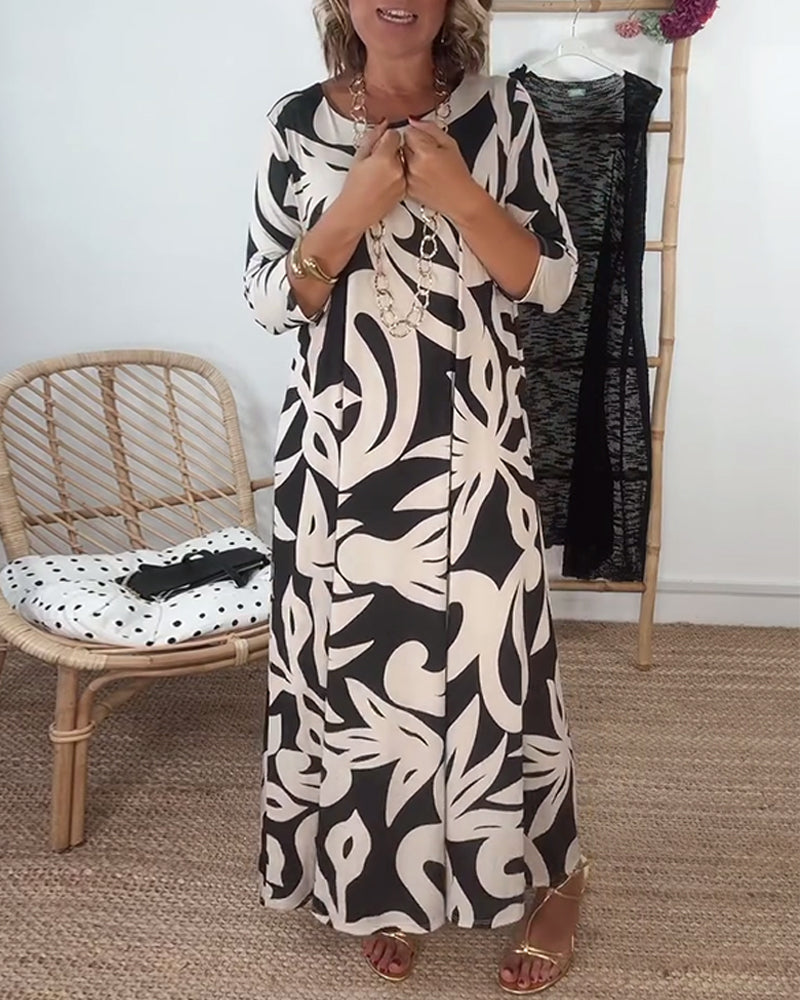 Élégance Amandine™ – Printed round neck dress with long sleeves