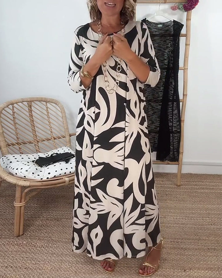 Élégance Amandine™ – Printed round neck dress with long sleeves