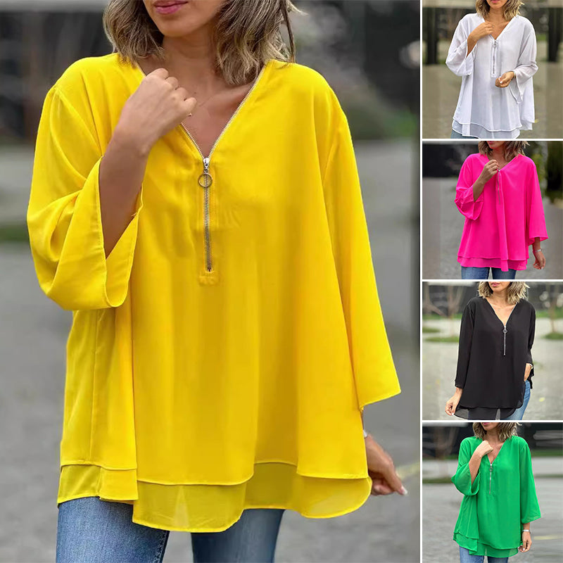 Heidi™ | V-Neck Flowy Zipped Top