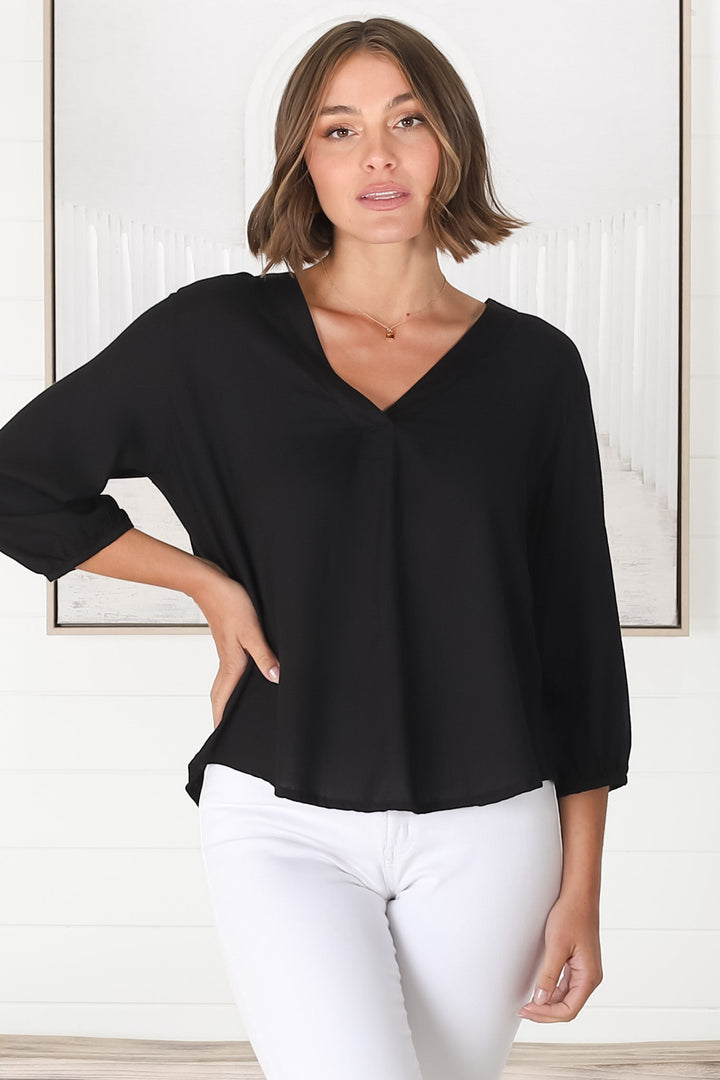 Brenda Top - V Neck 3/4 Sleeve Black