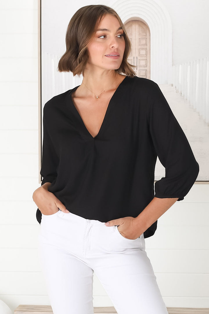 Brenda Top - V Neck 3/4 Sleeve Black