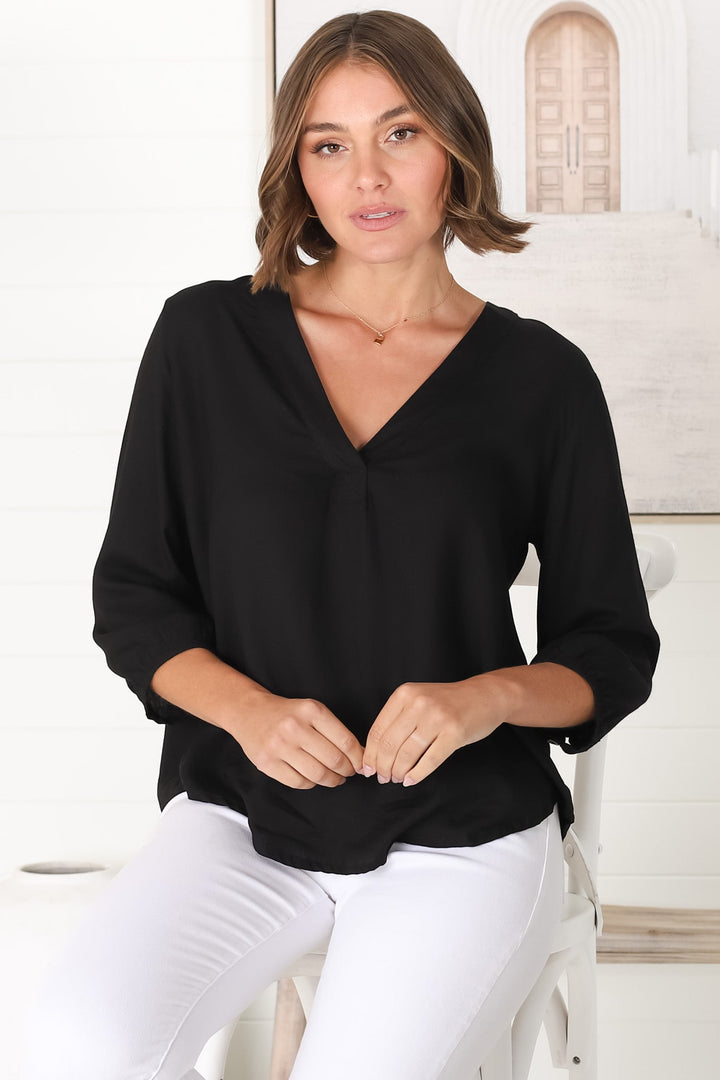 Brenda Top - V Neck 3/4 Sleeve Black