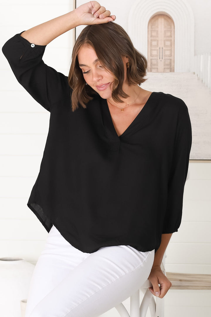 Brenda Top - V Neck 3/4 Sleeve Black