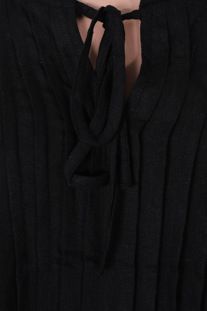 Silas Top - Cotton Blend Pleating and Crochet Detailed Long Sleeve Blouse in Black