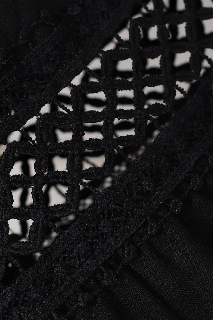 Silas Top - Cotton Blend Pleating and Crochet Detailed Long Sleeve Blouse in Black