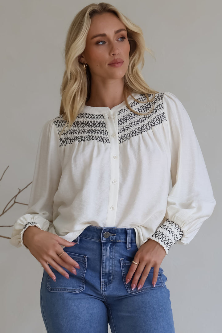 Leif Blouse - Mandarin Collar Button Down Blouse with Contrast Embroidering in Black
