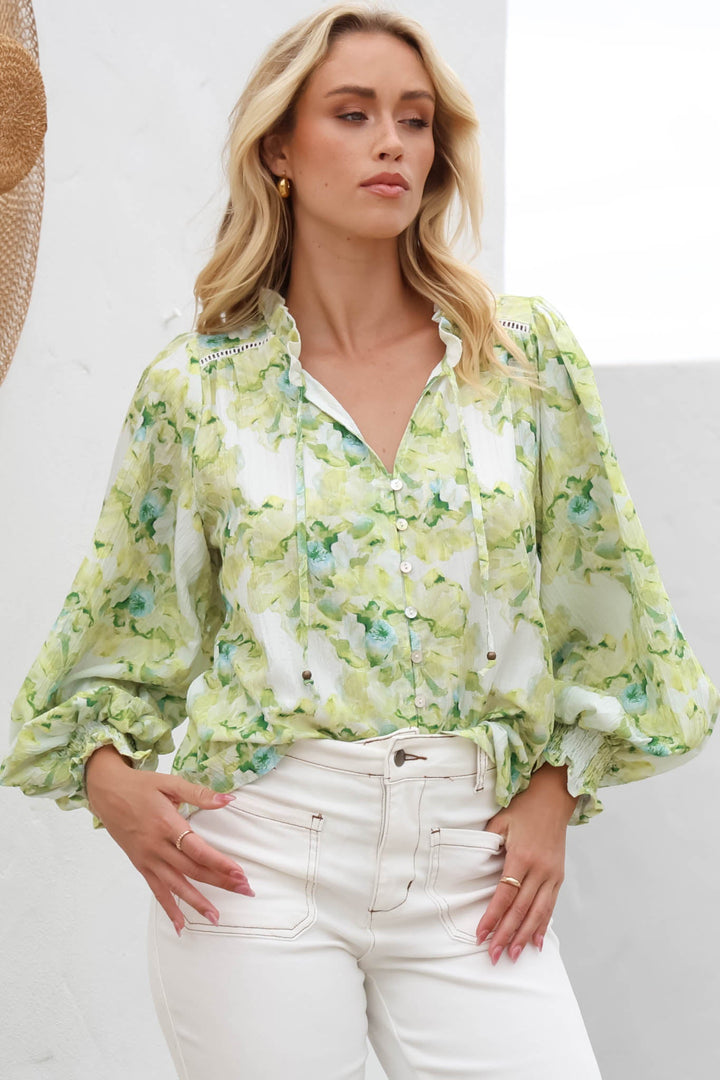 Moree Blouse - Frill Collar Neck Tie Button Down Shirt in Franc Print Lime