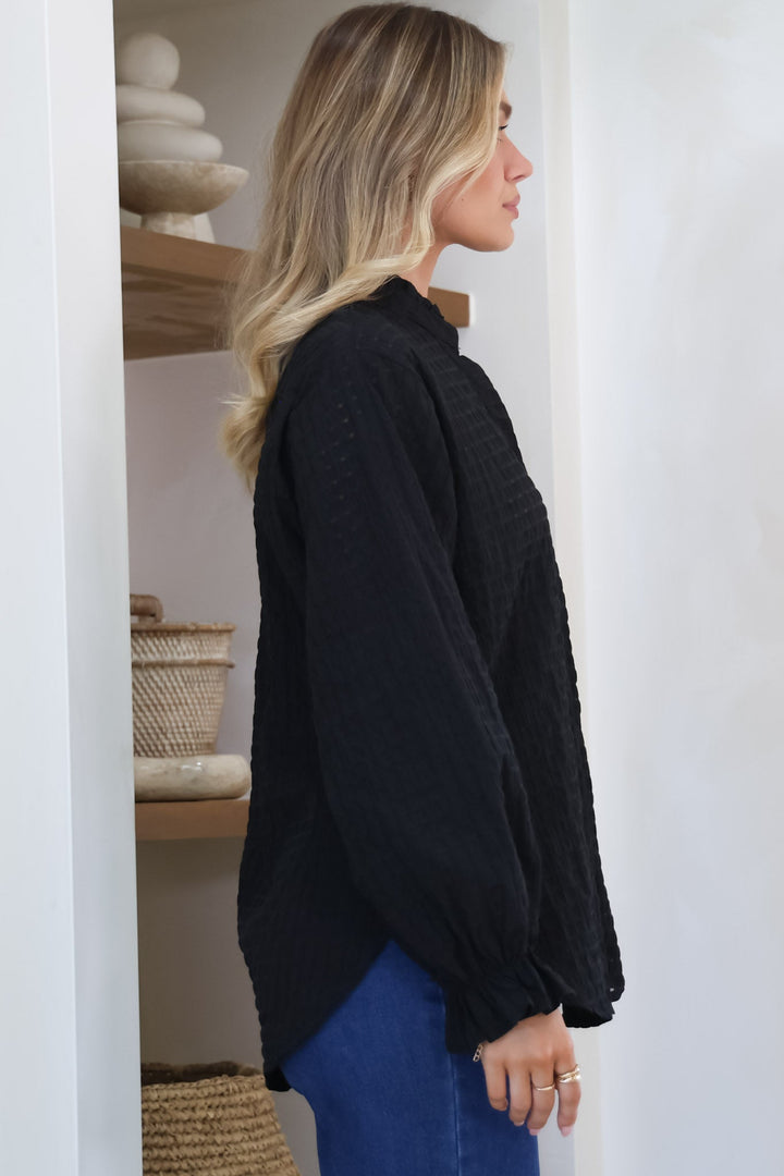 Morgan Blouse - Frill Collar Button Down Textured Blouse with Balloon Sleeves in Black