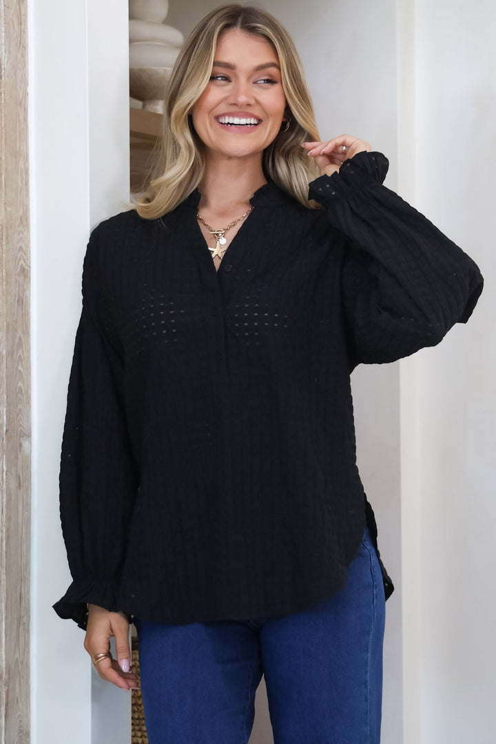 Morgan Blouse - Frill Collar Button Down Textured Blouse with Balloon Sleeves in Black