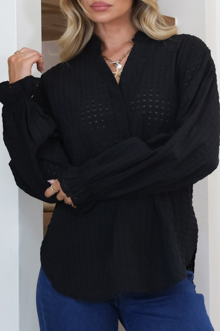 Morgan Blouse - Frill Collar Button Down Textured Blouse with Balloon Sleeves in Black