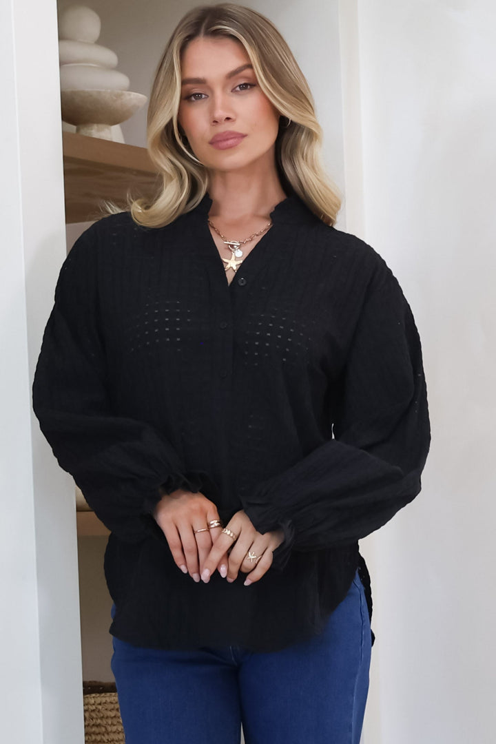 Morgan Blouse - Frill Collar Button Down Textured Blouse with Balloon Sleeves in Black