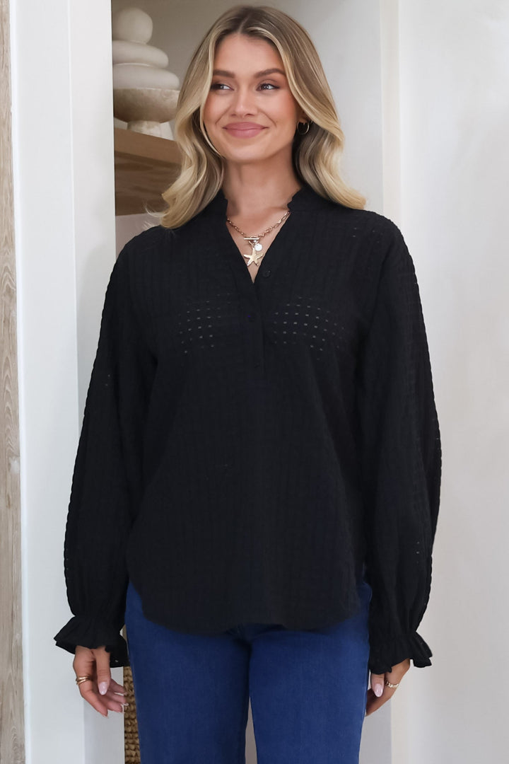 Morgan Blouse - Frill Collar Button Down Textured Blouse with Balloon Sleeves in Black