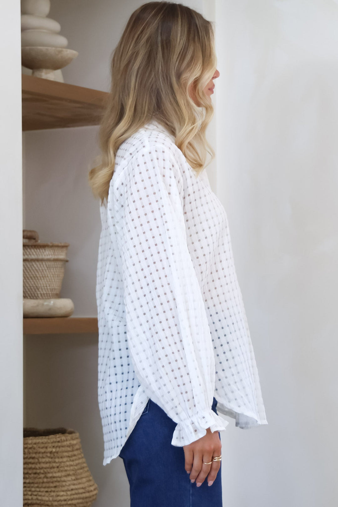 Morgan Blouse - Frill Collar Button Down Textured Blouse with Balloon Sleeves in White