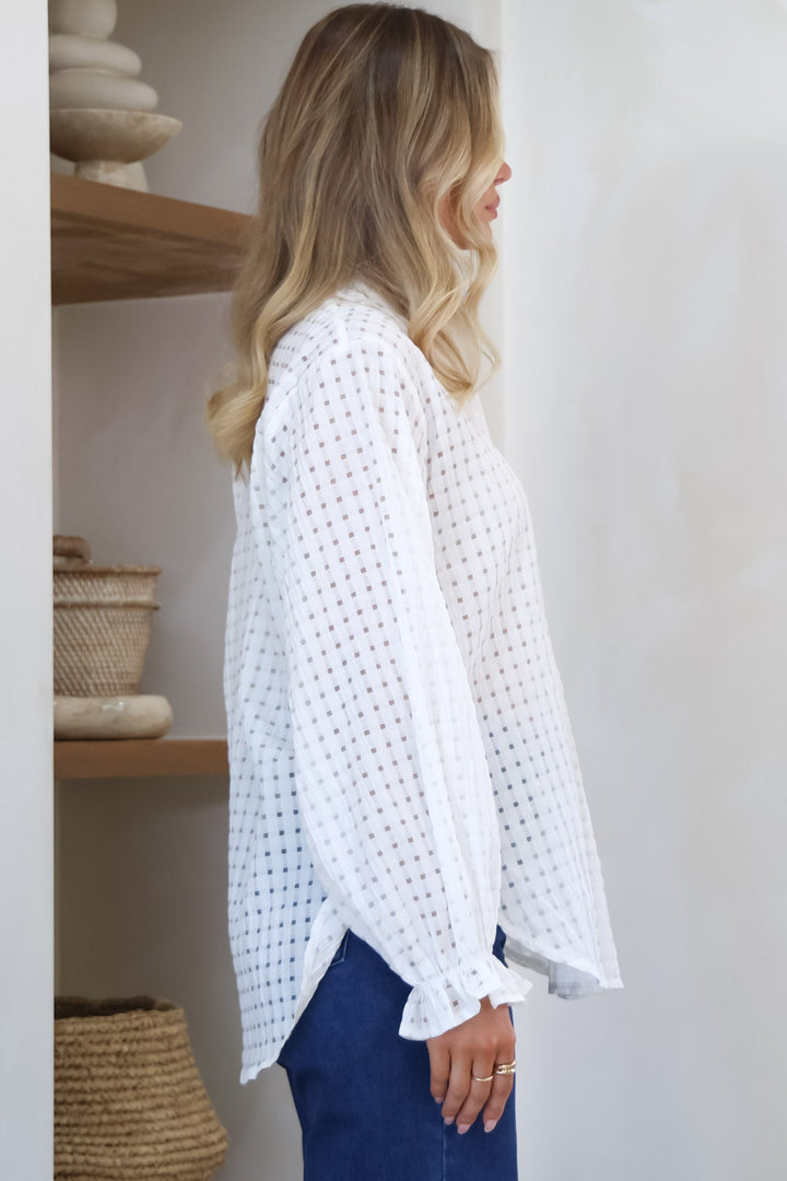 Morgan Blouse - Frill Collar Button Down Textured Blouse with Balloon Sleeves in White
