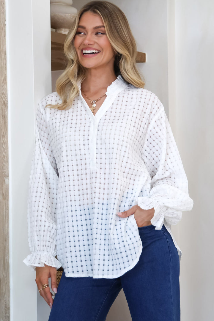 Morgan Blouse - Frill Collar Button Down Textured Blouse with Balloon Sleeves in White