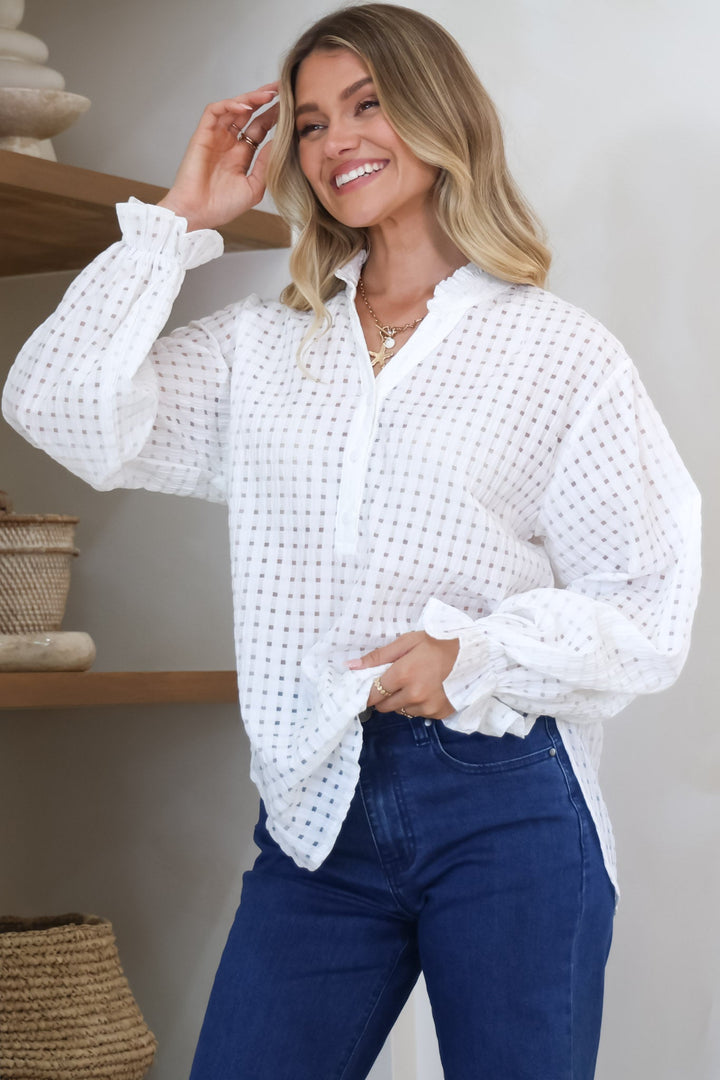Morgan Blouse - Frill Collar Button Down Textured Blouse with Balloon Sleeves in White