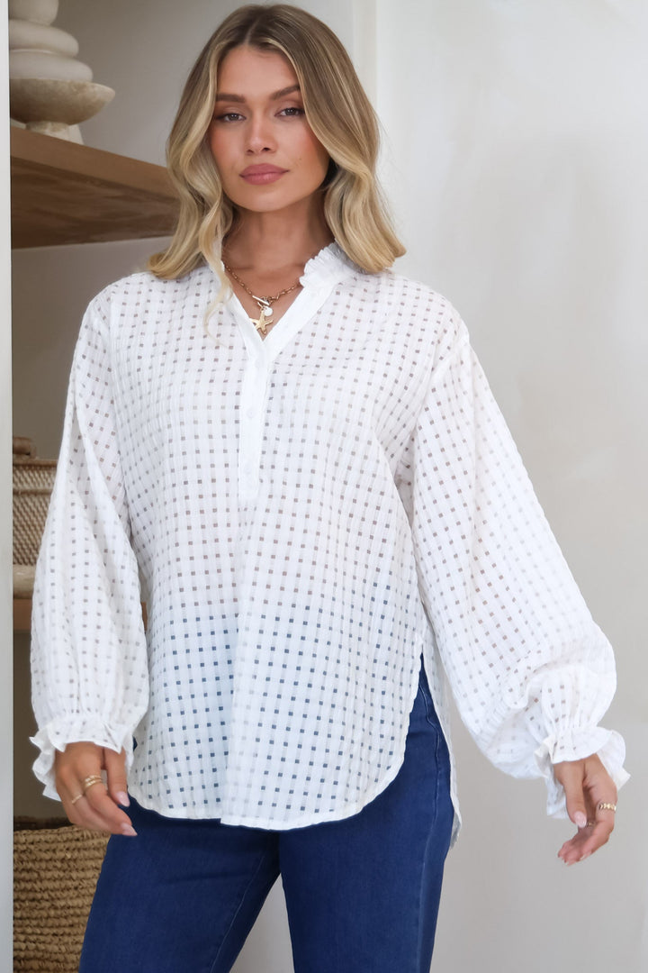 Morgan Blouse - Frill Collar Button Down Textured Blouse with Balloon Sleeves in White