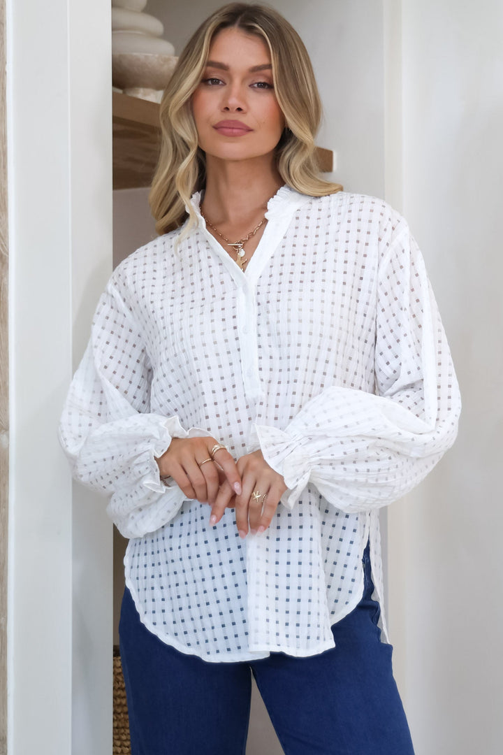 Morgan Blouse - Frill Collar Button Down Textured Blouse with Balloon Sleeves in White