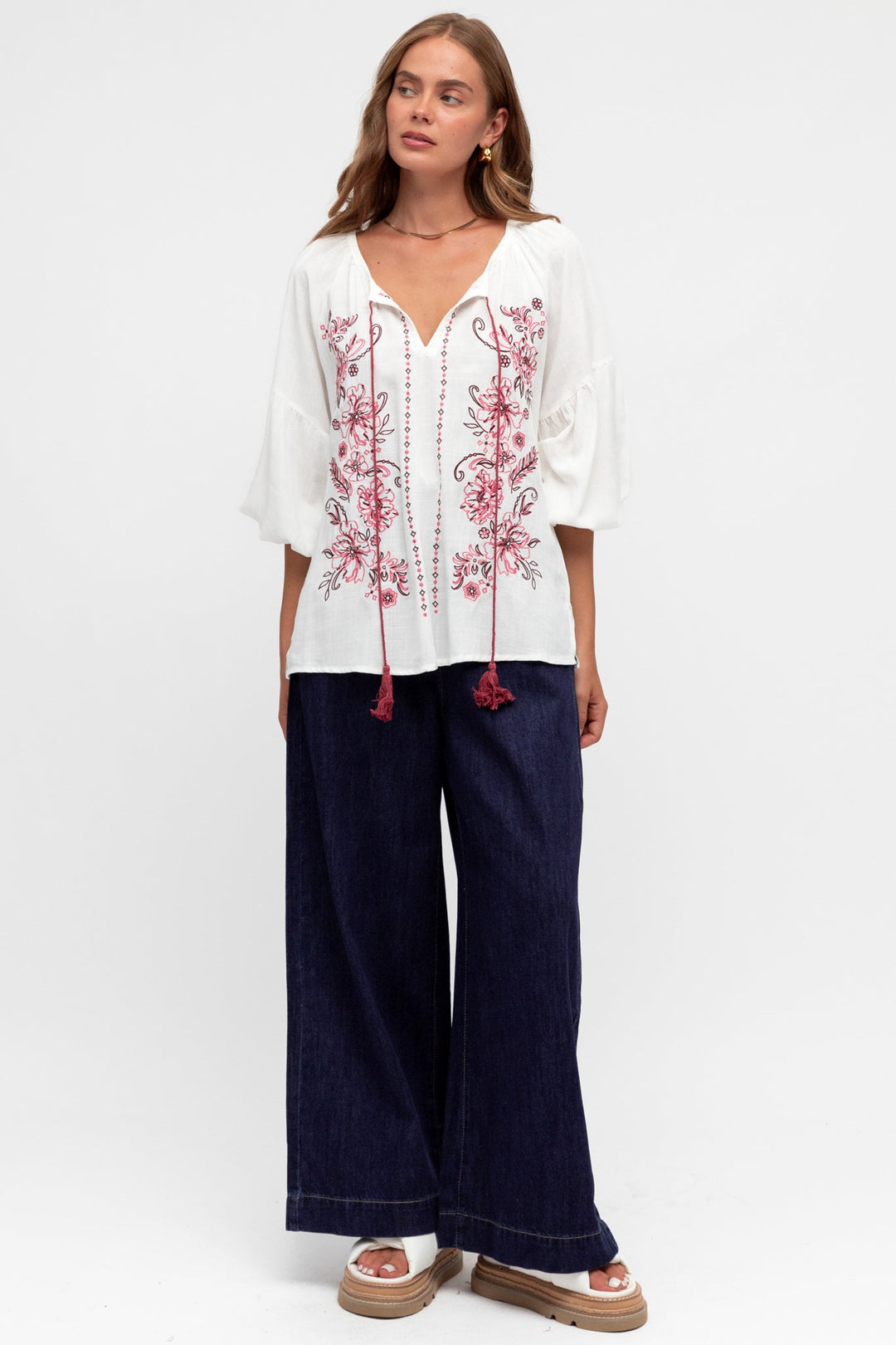 Rory Blouse - Pull Over Balloon Sleeve Embroidered Smock in Winslie Print Ivory