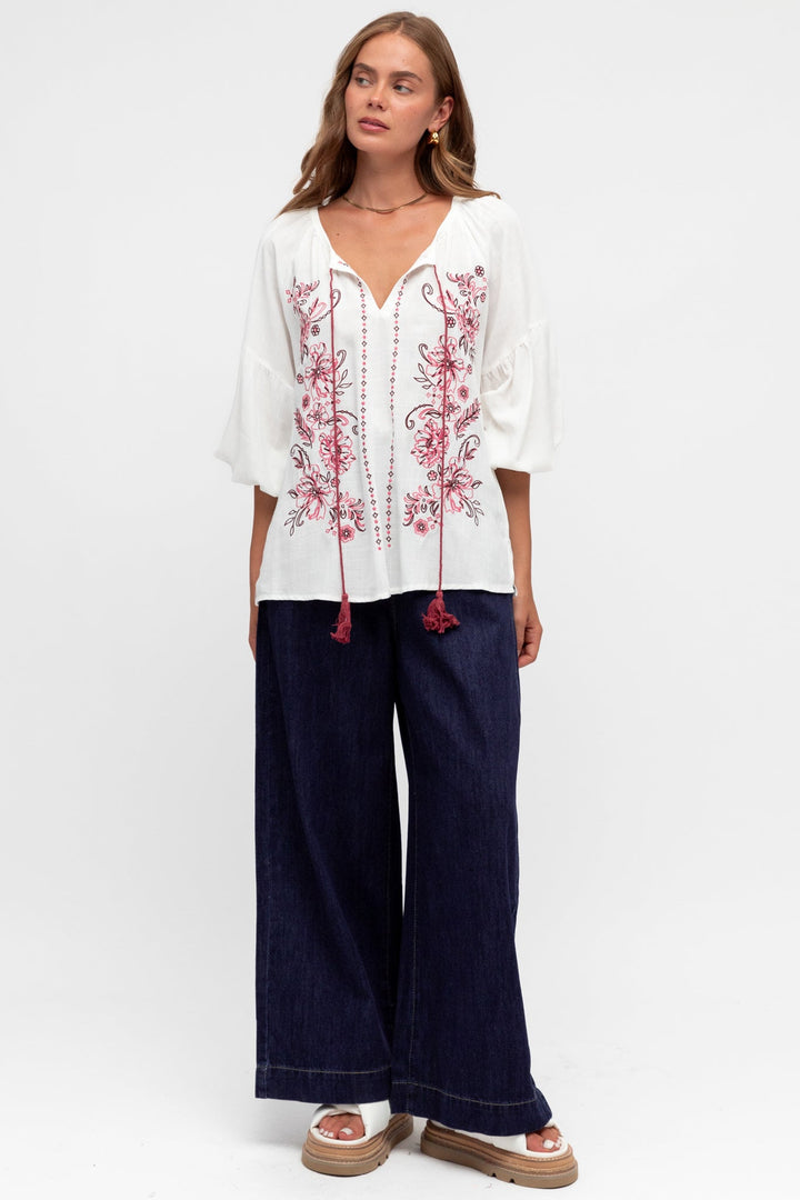 Rory Blouse - Pull Over Balloon Sleeve Embroidered Smock in Winslie Print Ivory
