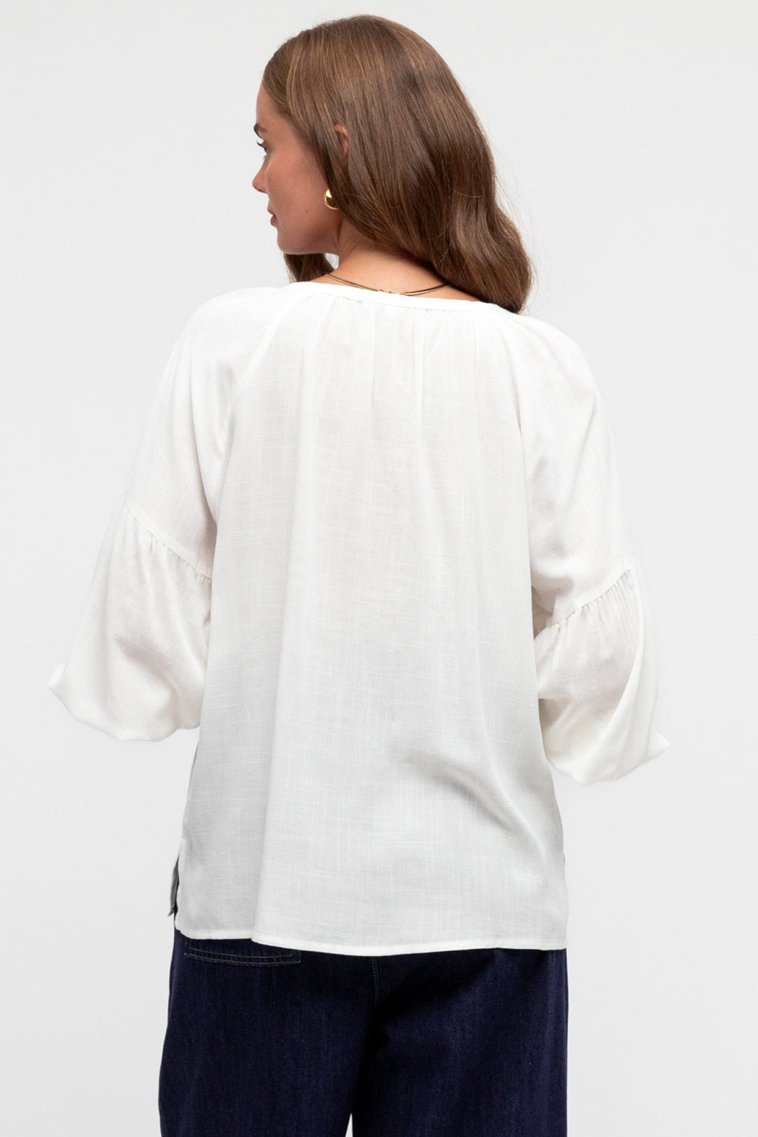 Rory Blouse - Pull Over Balloon Sleeve Embroidered Smock in Winslie Print Ivory