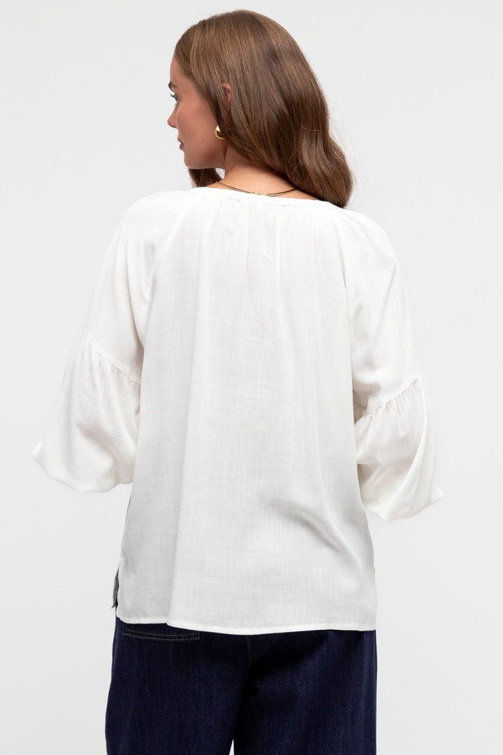 Rory Blouse - Pull Over Balloon Sleeve Embroidered Smock in Winslie Print Ivory