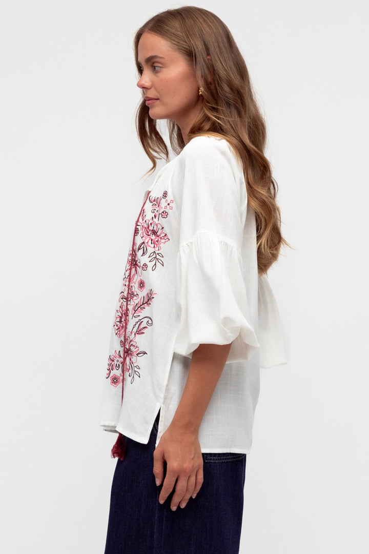 Rory Blouse - Pull Over Balloon Sleeve Embroidered Smock in Winslie Print Ivory