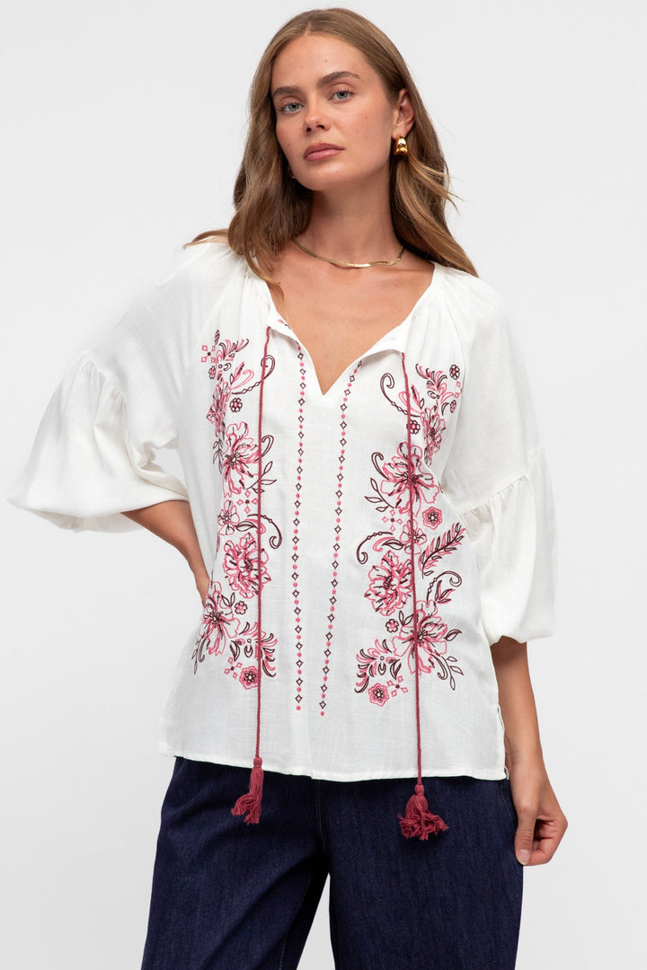 Rory Blouse - Pull Over Balloon Sleeve Embroidered Smock in Winslie Print Ivory