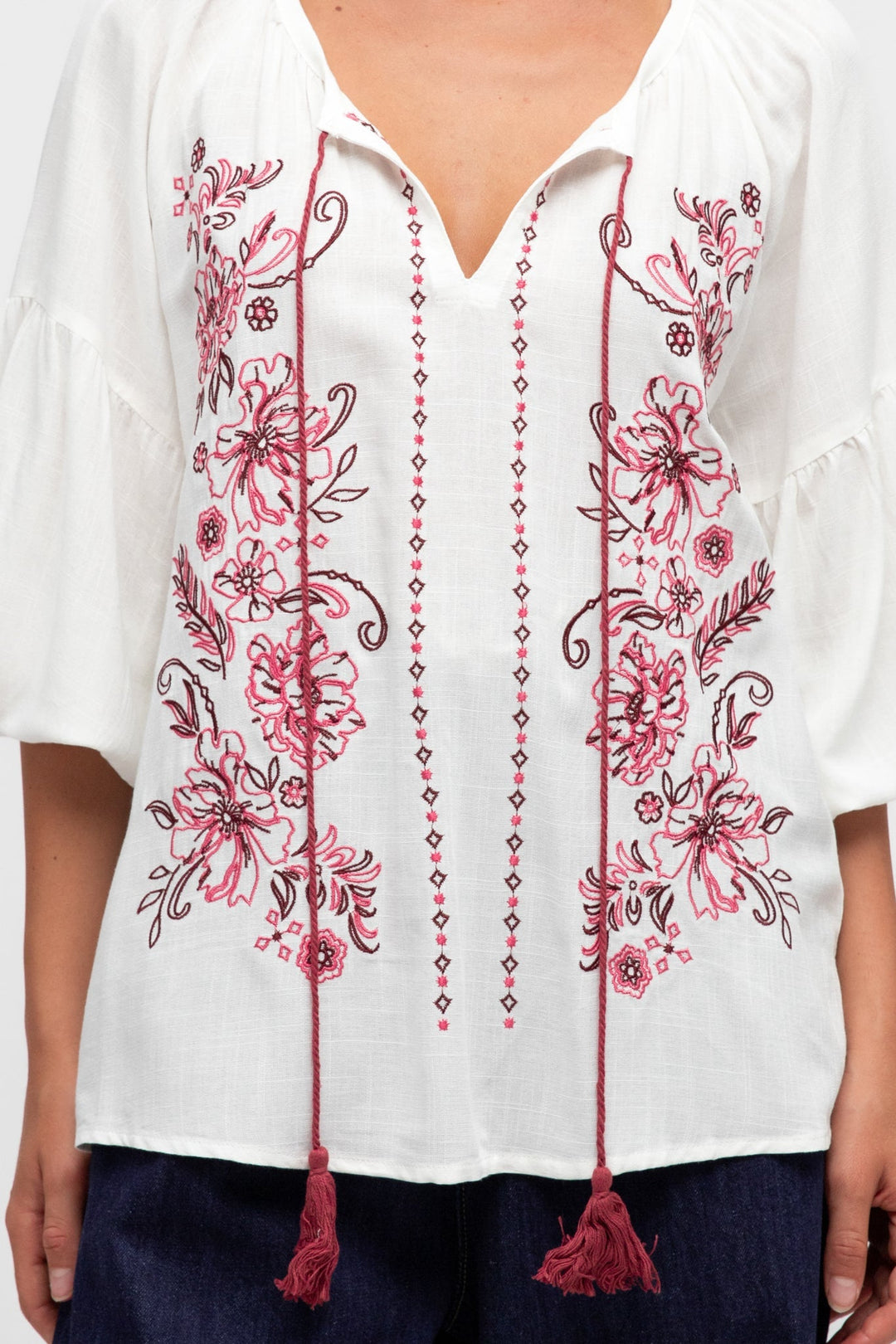 Rory Blouse - Pull Over Balloon Sleeve Embroidered Smock in Winslie Print Ivory