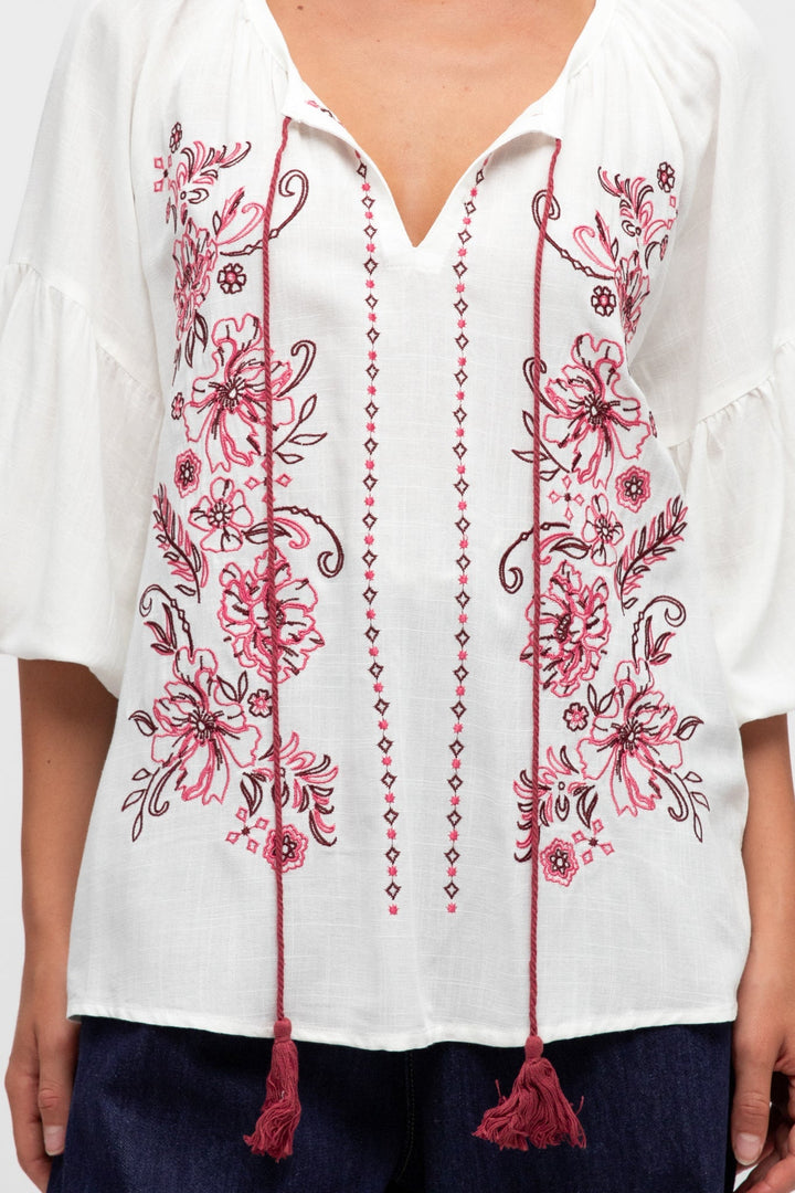 Rory Blouse - Pull Over Balloon Sleeve Embroidered Smock in Winslie Print Ivory