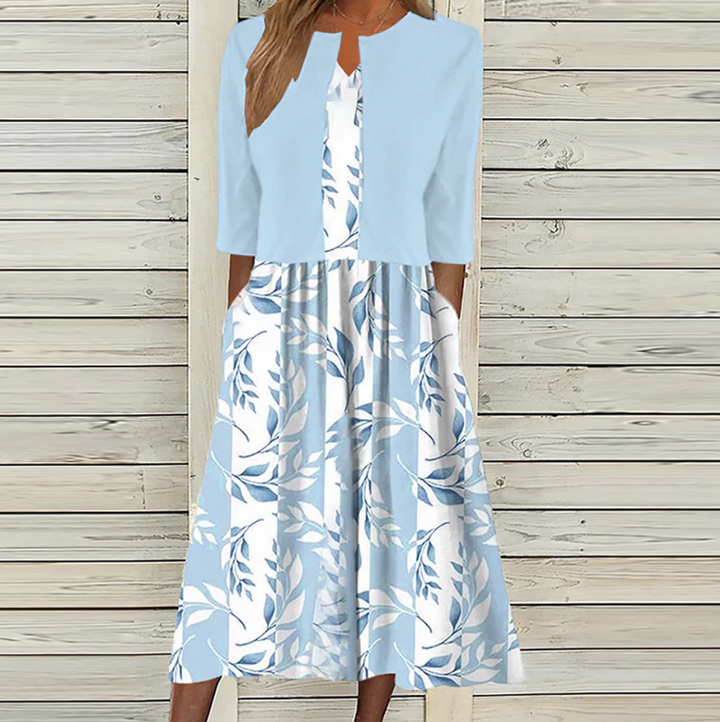 Mary™ | Unique Blue Plant Print Midi Dress With Jacket