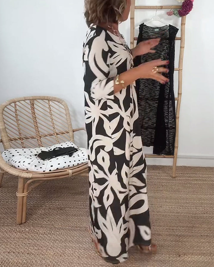 Élégance Amandine™ – Printed round neck dress with long sleeves