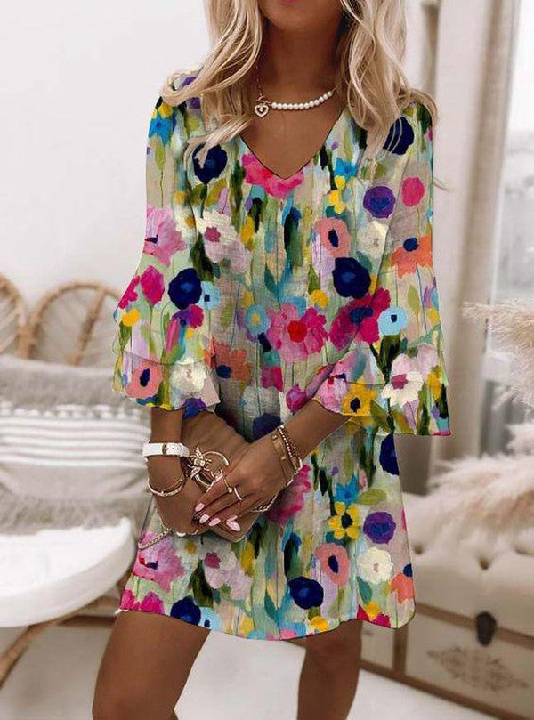 Patricia™ | Romantic Floral Print V-Neck Mini Dress