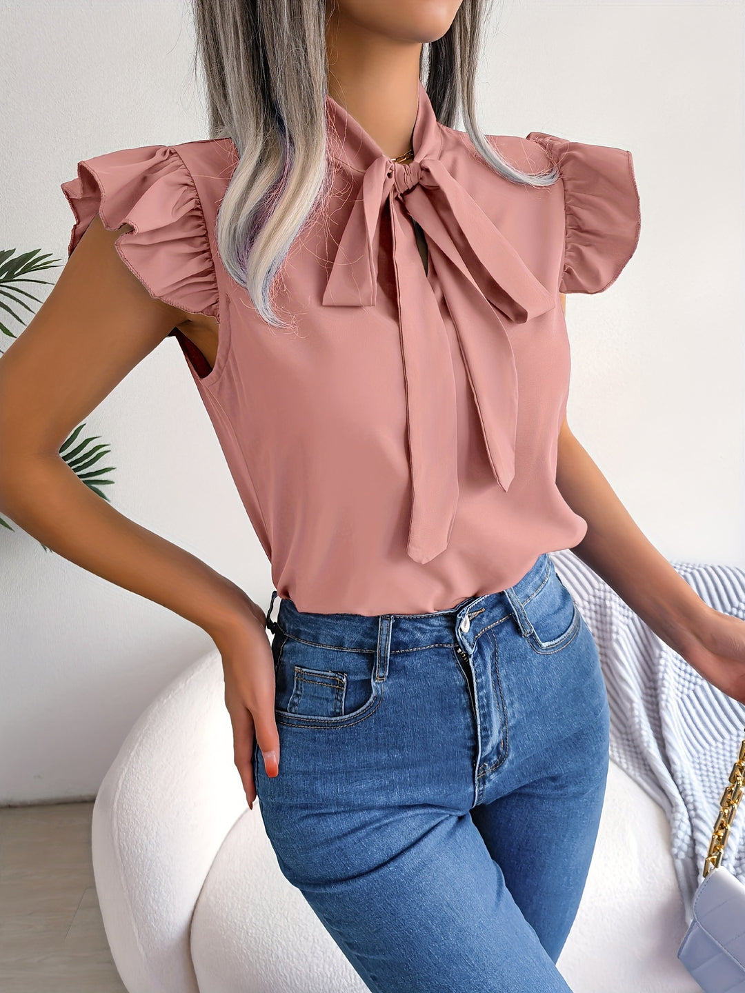 Evy | Elegant Bow-Tie Flutter Sleeve Blouse