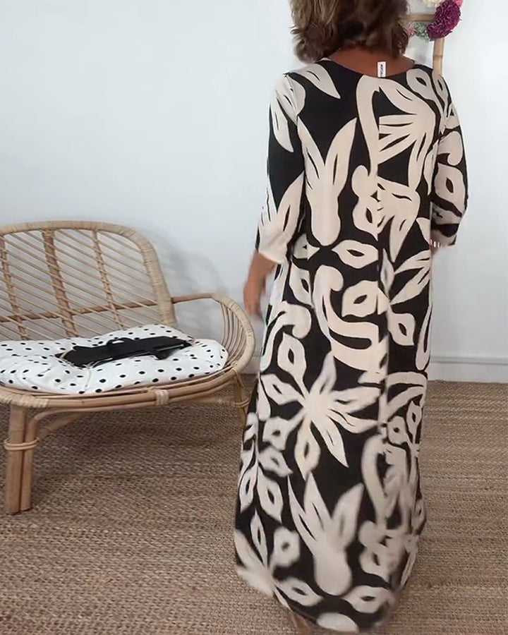 Élégance Amandine™ – Printed round neck dress with long sleeves
