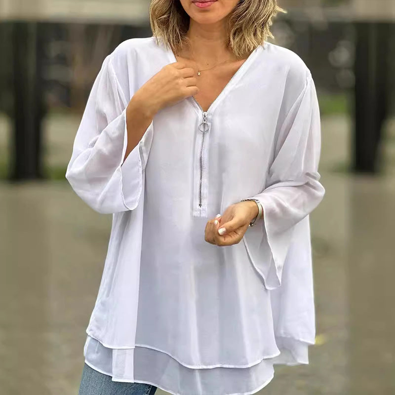 Heidi™ | V-Neck Flowy Zipped Top
